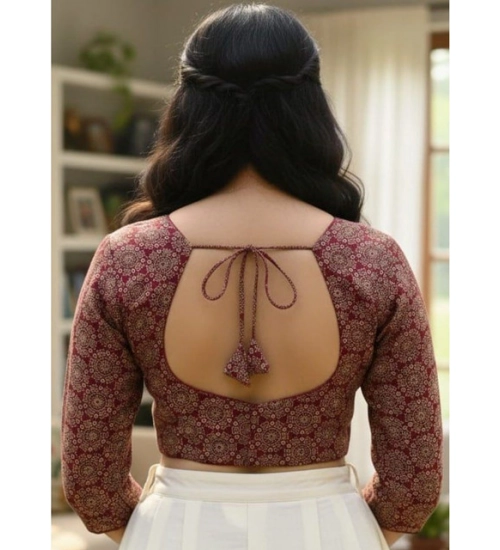 Generic Women's Ajrakh Cotton Halter Neck Padded Blouse (Maroon, 38 Ready Size (Self-Alterable 36–40)