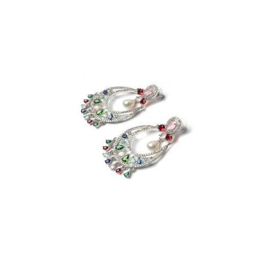 Generic Women's Brass Silver Plated Chandbali Earrings (Multicolor) Generic Women's Brass Silver Plated Chandbali Earrings (Multicolor)
