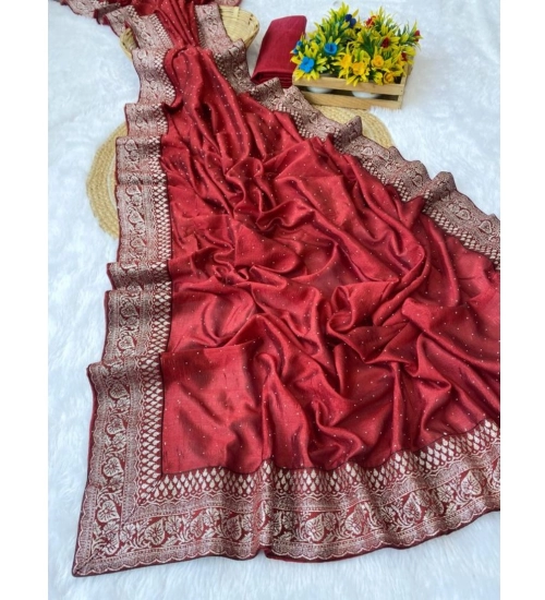 Generic Women's Silk Embroidred Saree With Unstitched Blouse 5.5Mtr (Red)