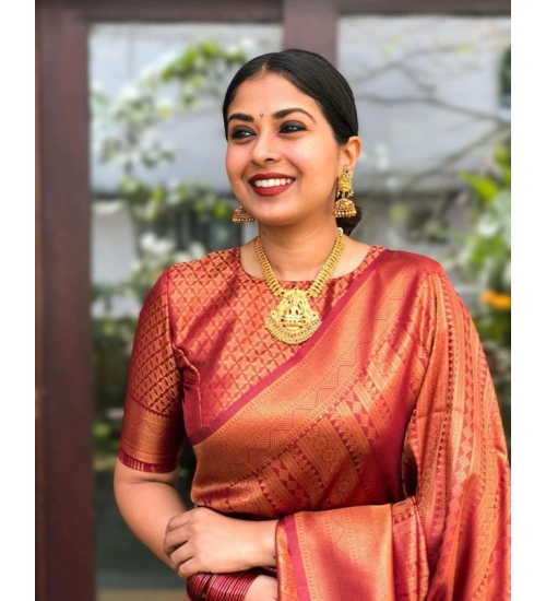 Generic Women's Litchi silk Printed Saree With Unstitched Blouse (Red)