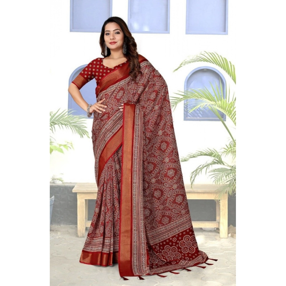 Generic Women's Cotton Silk Printed Saree With Unstitched Blouse 5.5Mtr (Maroon) Generic Women's Cotton Silk Printed Saree With Unstitched Blouse 5.5Mtr (Maroon)