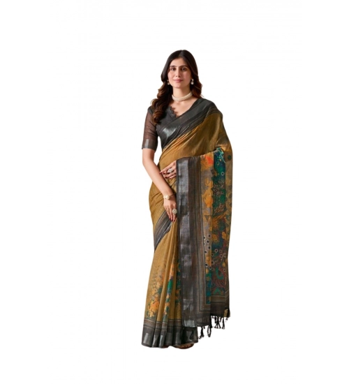 Generic Women's Faux_Linen Printed Saree With Unstitched Blouse 5.5Mtr (Mustard)