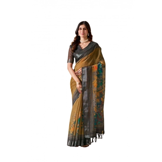 Generic Women's Faux_Linen Printed Saree With Unstitched Blouse 5.5Mtr (Mustard)