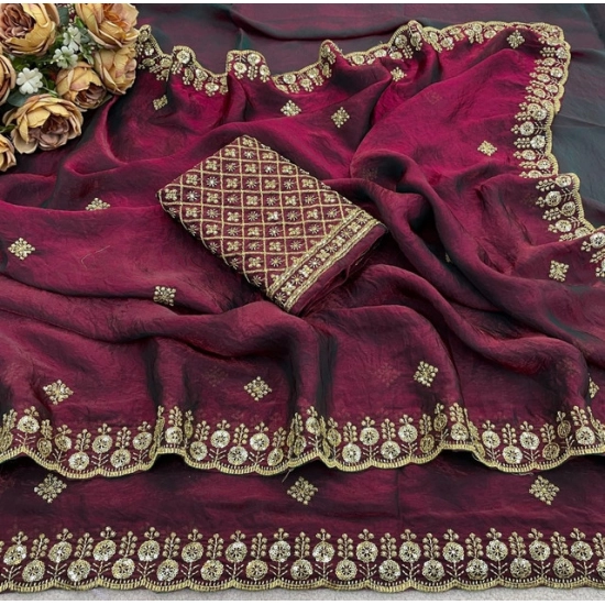 Generic Women's Satin Embellished Saree With Unstitched Blouse 5.5Mtr (Wine-Toned) Generic Women's Satin Embellished Saree With Unstitched Blouse 5.5Mtr (Wine-Toned)