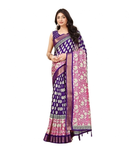 Generic Women's Cotton Blend Printed Saree With Unstitched Blouse 5.5Mtr (Purple)