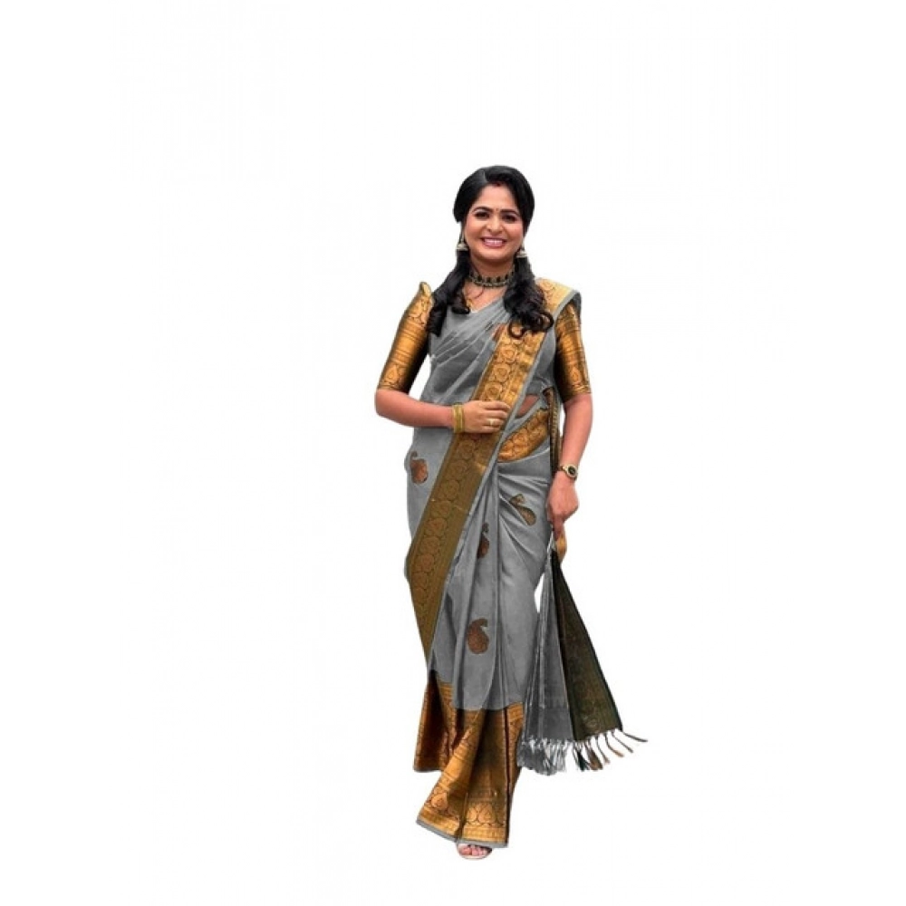 Generic Women's Soft Lichi Silk Printed Saree With Unstitched Blouse 5.5Mtr (Grey) Generic Women's Soft Lichi Silk Printed Saree With Unstitched Blouse 5.5Mtr (Grey)