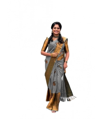 Generic Women's Soft Lichi Silk Printed Saree With Unstitched Blouse 5.5Mtr (Grey)