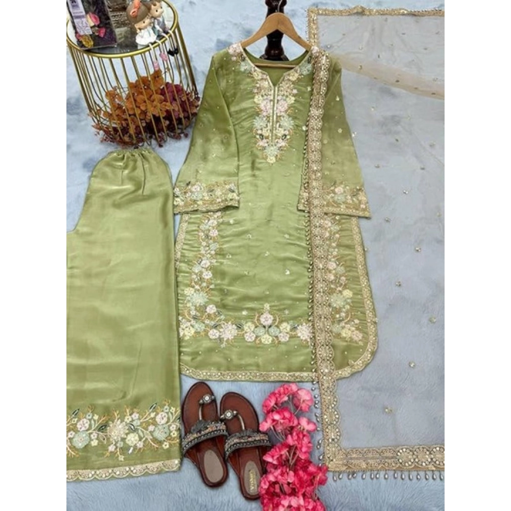 Generic Women's Silk Embroidered 3/4th Sleeve Round Readymade Kurti With Palazzo Pant and Dupatta Set (Pista) Generic Women's Silk Embroidered 3/4th Sleeve Round Readymade Kurti With Palazzo Pant and Dupatta Set (Pista)
