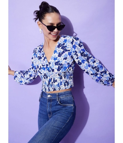 Generic Women's Polyester Floral Long Sleeves Top (Blue)