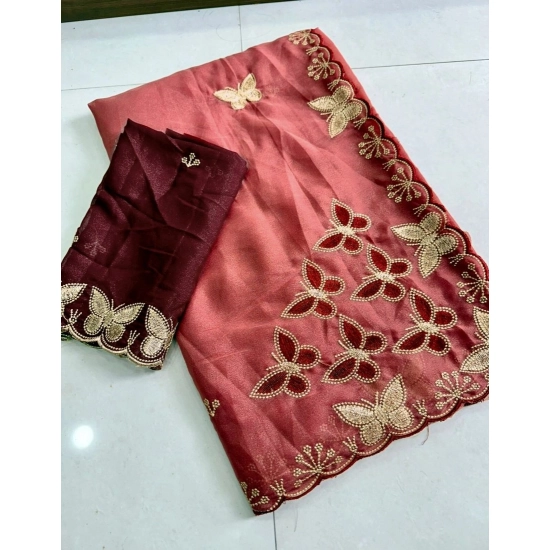 Generic Women's Star Georgette Embellished Saree With Unstitched Blouse 5.5Mtr (Dusty Coral-Maroon)