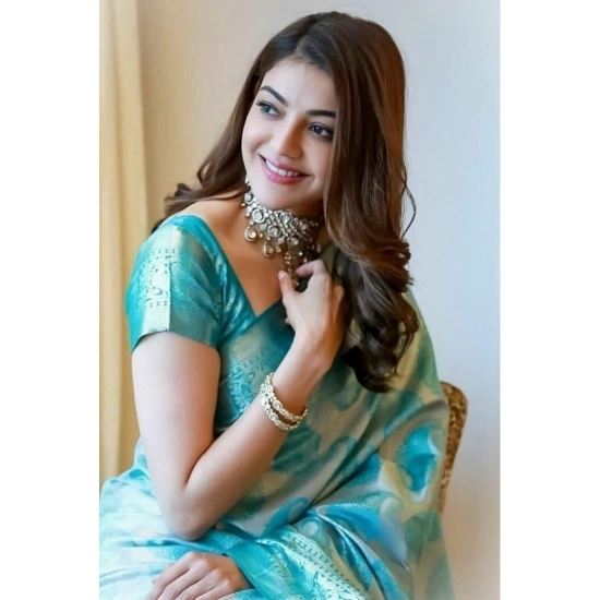 Generic Women's Soft Lichi Silk Printed Saree With Unstitched Blouse 5.5Mtr (Sky Blue)