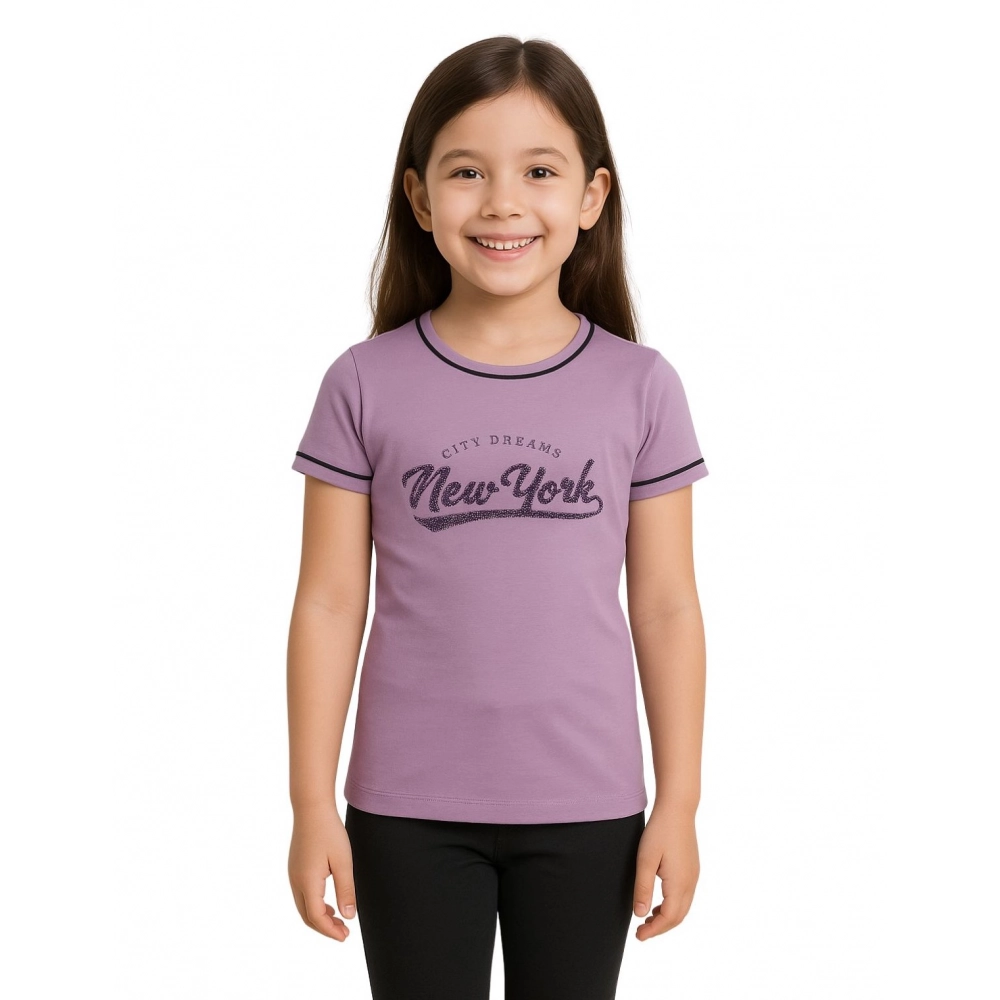 Generic Girl's Cotton Printeded Round Neck T-Shirt (Lavander) Generic Girl's Cotton Printeded Round Neck T-Shirt (Lavander)