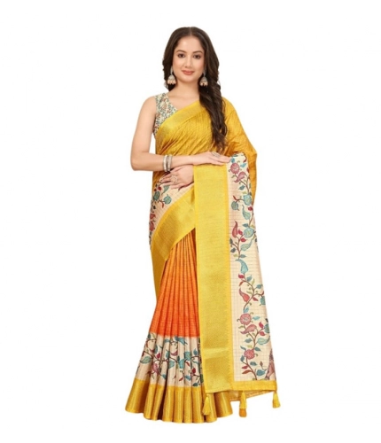 Generic Women's Cotton Blend Floral Printed Saree With Unstitched Blouse 5.5Mtr (Lemon Yellow)