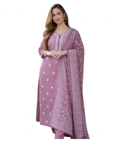 Generic Women's Chanderi Silk Ethnic Motif Round 3/4th Sleeve Kurti With Pant Dupatta Set (Peach)