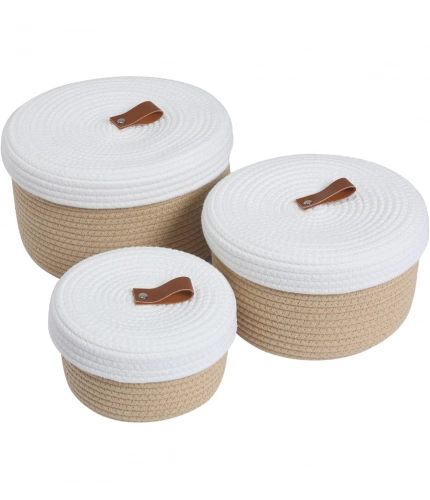 Generic Cotton 3 Pcs Set Roti Box Storage Basket With Lid (Beige-White)