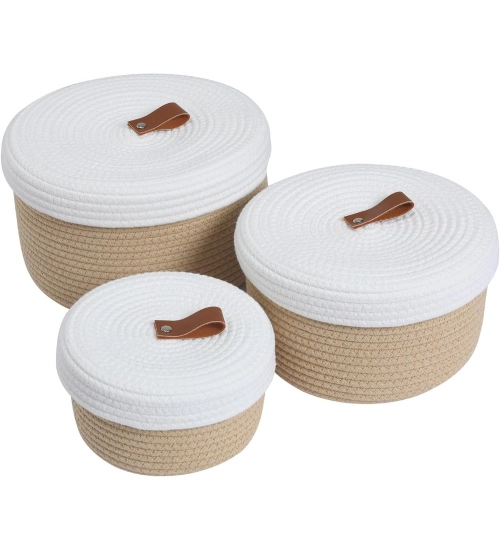 Generic Cotton 3 Pcs Set Roti Box Storage Basket With Lid (Beige-White) Generic Cotton 3 Pcs Set Roti Box Storage Basket With Lid (Beige-White)
