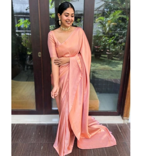 Generic Women's Litchi silk Printed Saree With Unstitched Blouse (Peach)