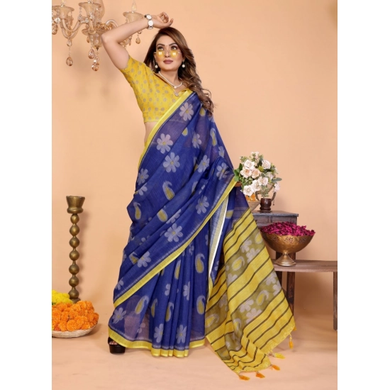 Generic Women's Linen Cotton Printed Saree With Unstitched Blouse 5.5Mtr (Blue) Generic Women's Linen Cotton Printed Saree With Unstitched Blouse 5.5Mtr (Blue)