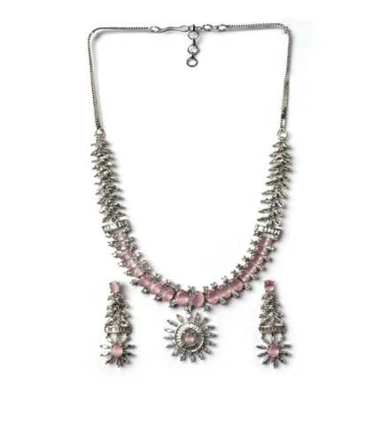 Generic Women's Brass Silver Plated Necklace set (Pink)