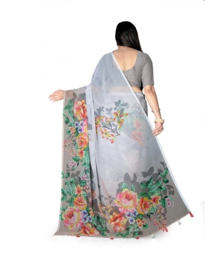 Generic Women's Georgette Floral Printed Saree With Unstitched Blouse 5.5Mtr (Grey)