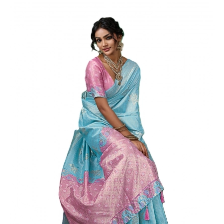 Generic Women's Linen Cotton Printed Saree With Unstitched Blouse 5.5Mtr (Sky Blue)