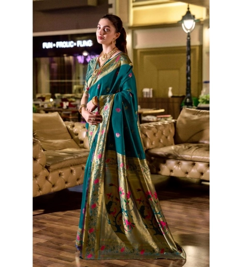 Generic Women's Silk Blend Zari Woven Saree With Unstitched Blouse 5.5Mtr (Teal)