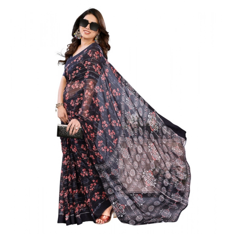 Women's Georgette Printed Saree With Unstitched Blouse 5.5Mtr (Navy Blue)