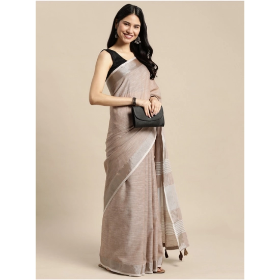 Generic Women's Linen Cotton Printed Saree With Unstitched Blouse 5.5Mtr (Beige)