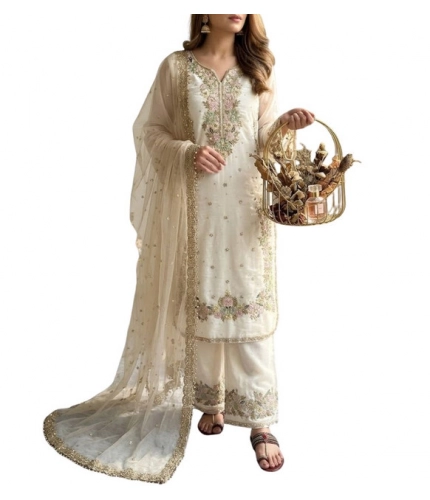 Generic Women's Silk Embroidered 3/4th Sleeve Round Kurti With Palazzo Pant and Dupatta Set (White)