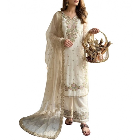 Generic Women's Silk Embroidered 3/4th Sleeve Round Kurti With Palazzo Pant and Dupatta Set (White) Generic Women's Silk Embroidered 3/4th Sleeve Round Kurti With Palazzo Pant and Dupatta Set (White)