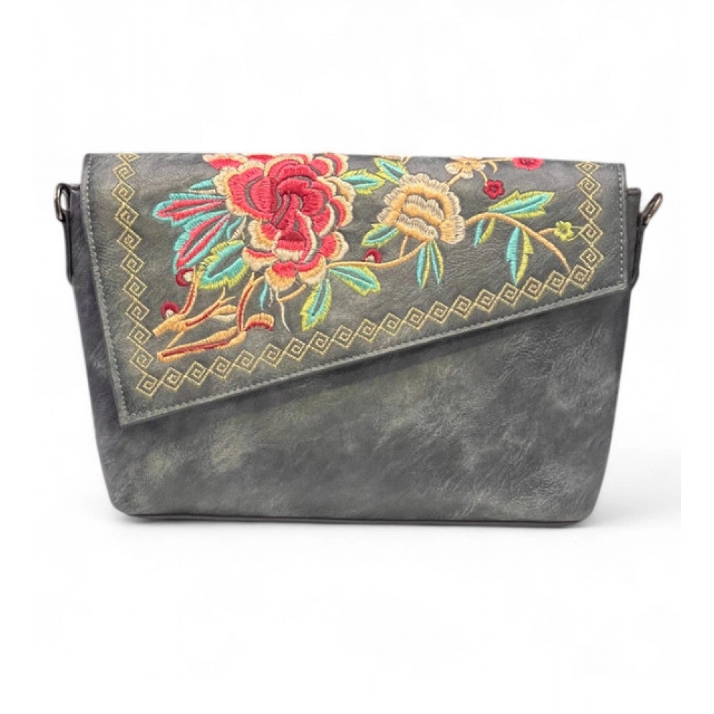 Generic Women's Polyurethane Floral Embroidered Crossbody Sling Bag with Adjustable & Removable Strap (Grey)