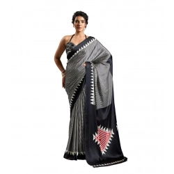 Generic Women's Satin Crepe Printed Saree With Unstitched Blouse 5.5Mtr (Black)