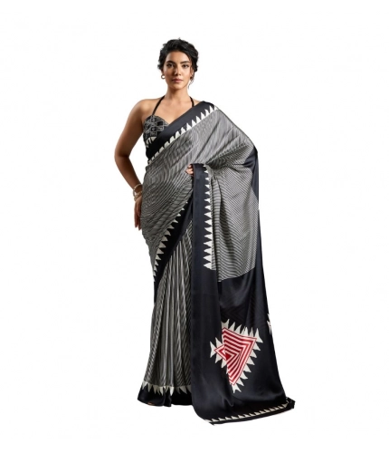 Generic Women's Satin Crepe Printed Saree With Unstitched Blouse 5.5Mtr (Black)