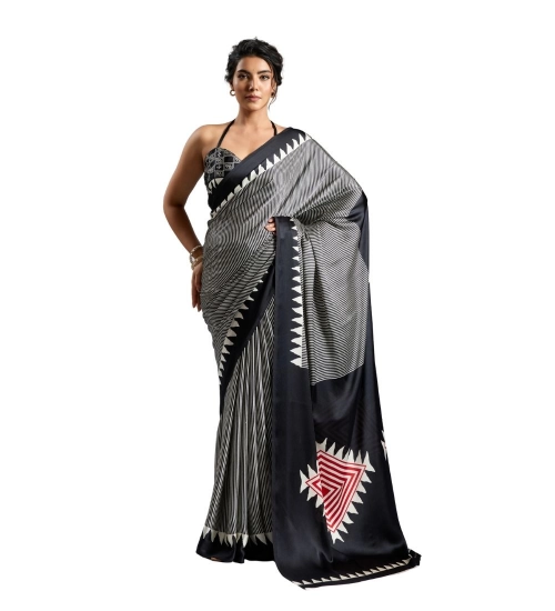 Generic Women's Satin Crepe Printed Saree With Unstitched Blouse 5.5Mtr (Black)