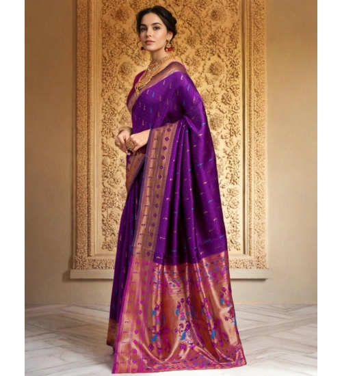 Generic Women's Silk Blend Zari Woven Saree With Unstitched Blouse 5.5Mtr (Purple)