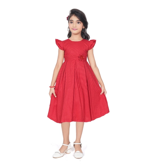 Generic Girl's Rayon Soild Short Sleeve Round Neck Dress (Red)
