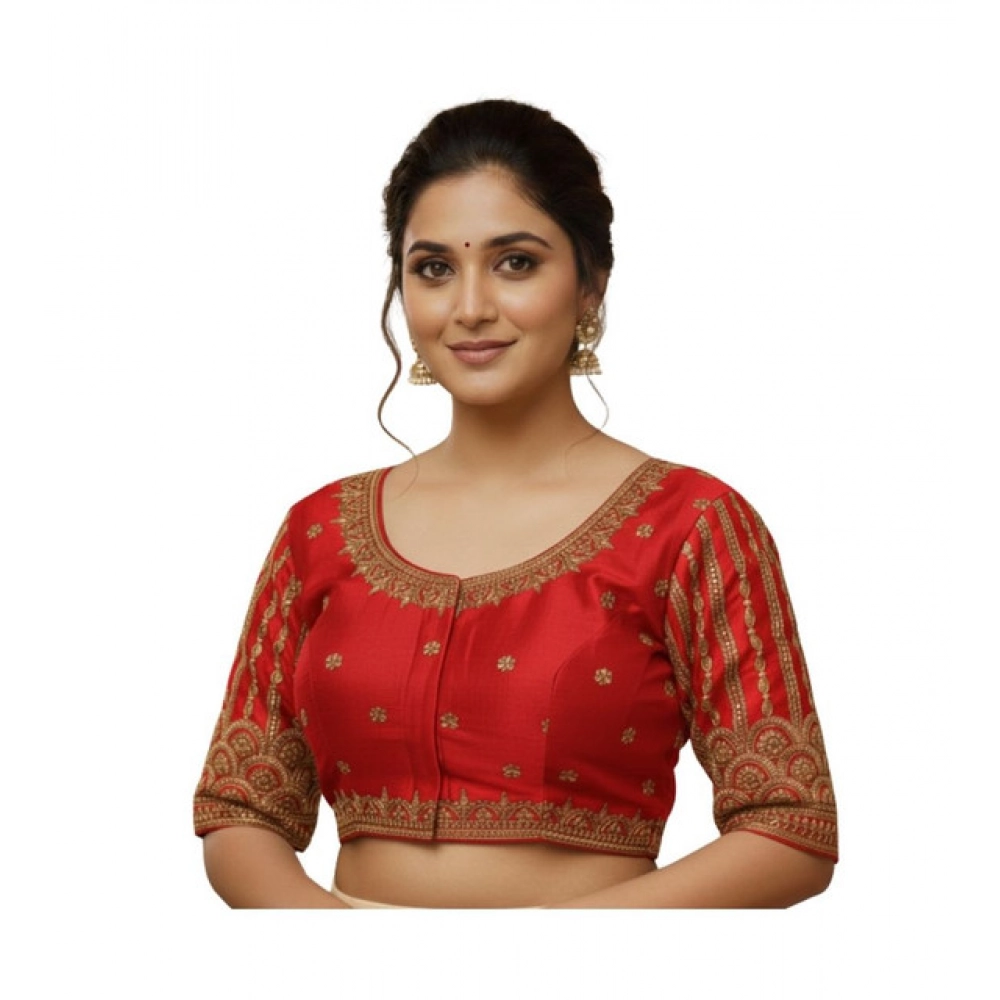 Women's Phantom Silk Embroidered Designer Neck Padded Blouse (Red 38 Ready (Alterable up to 42)
