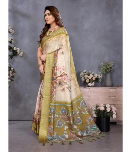 Generic Women's Cotton Silk  Printed Saree With Unstitched Blouse 5.5Mtr (Olive Green)
