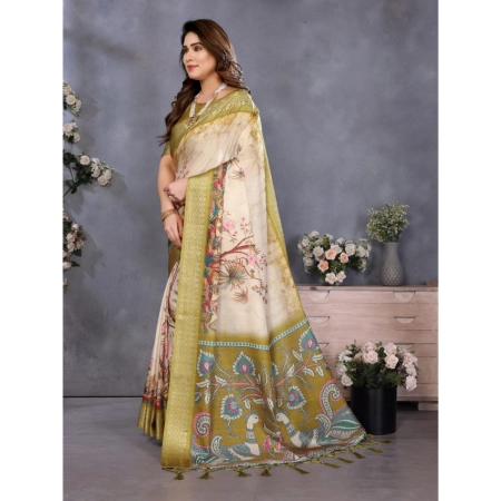 Generic Women's Cotton Silk  Printed Saree With Unstitched Blouse 5.5Mtr (Olive Green)