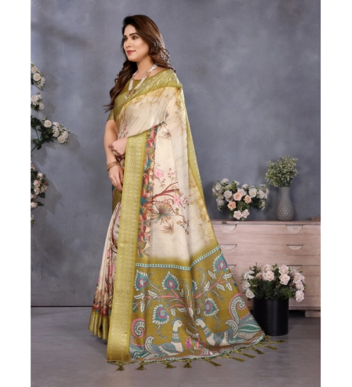 Generic Women's Cotton Silk  Printed Saree With Unstitched Blouse 5.5Mtr (Olive Green)