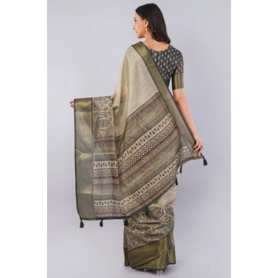 Generic Women's Polyester Printed Ready To Wear Saree With Unstitched Blouse 5.5 Mtr (Beige)
