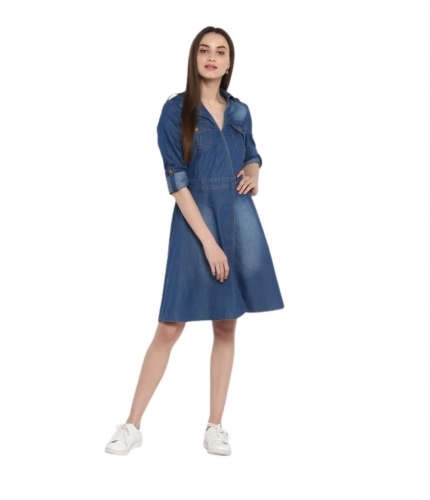Generic Women's Denim Solid Roll Up Sleeve Dress (Blue)