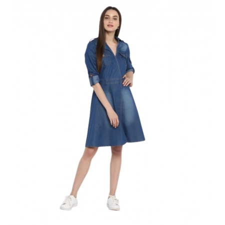 Generic Women's Denim Solid Roll Up Sleeve Dress (Blue)