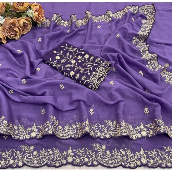 Generic Women's Star Georgette Embroidered Saree With Unstitched Blouse 5.5Mtr (Purple)