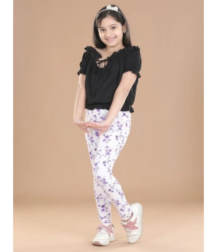 Generic Girl's Cotton Lycra Floral Elasticated Jeggings (White-Lavender)