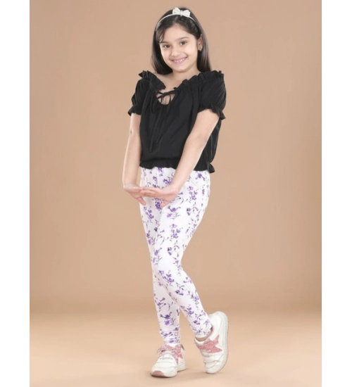 Generic Girl's Cotton Lycra Floral Elasticated Jeggings (White-Lavender)