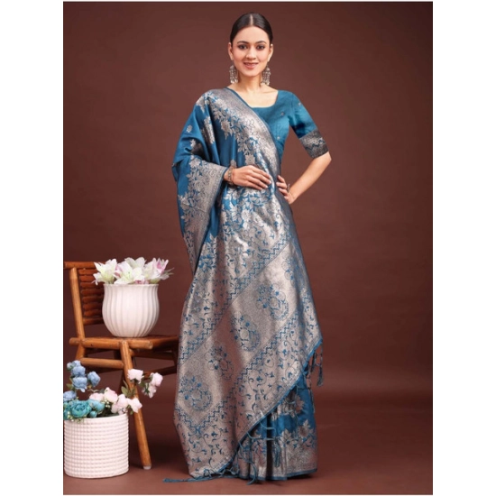 Generic Women's Banarasi Silk Printed Saree With Unstitched Blouse 5.5Mtr (Teal Blue)