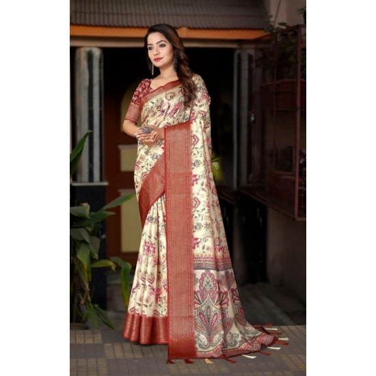 Generic Women's Cotton Silk Floral Printed Saree With Unstitched Blouse 5.5Mtr (Gold-Brown)