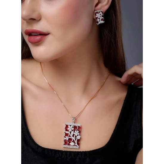 Generic Women's Brass Silver Plated Pendant Set (Red) Generic Women's Brass Silver Plated Pendant Set (Red)