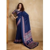 Generic Women's Satin Crepe Printed Saree With Unstitched Blouse 5.5Mtr (Navy Blue)